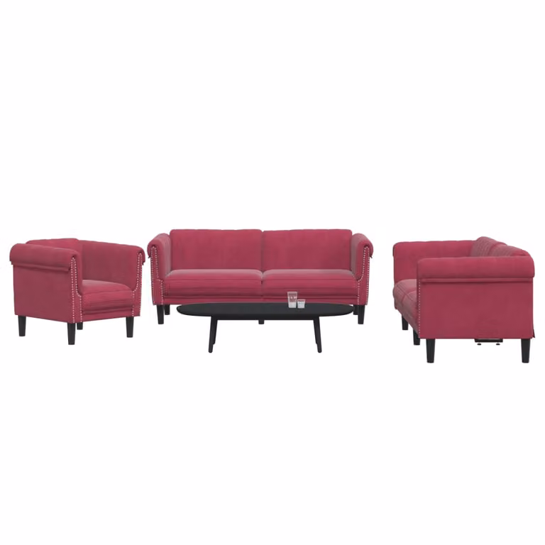 vidaXL Set di Divani 3 pz Moderno in Velluto Rosso con Struttura in Legno e Cuscini