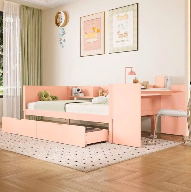 Letto 90x200 cm con scrivania; 2 cassetti e ripiani in pino e truciolare bianco/rosa