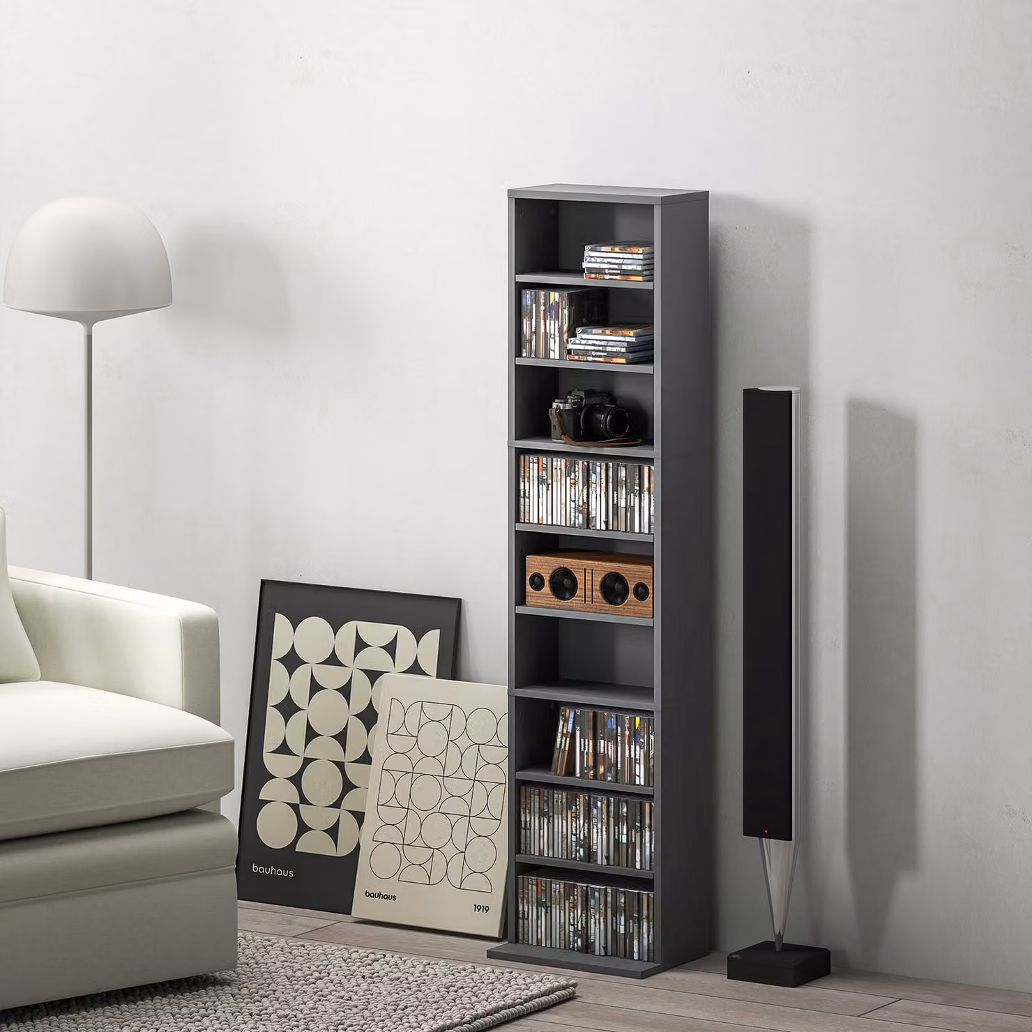 Mobile Porta CD e DVD HOMCOM grigio con 9 scomparti e 6 ripiani regolabili, L 33 cm x P 24 cm x H 140 cm – 2
