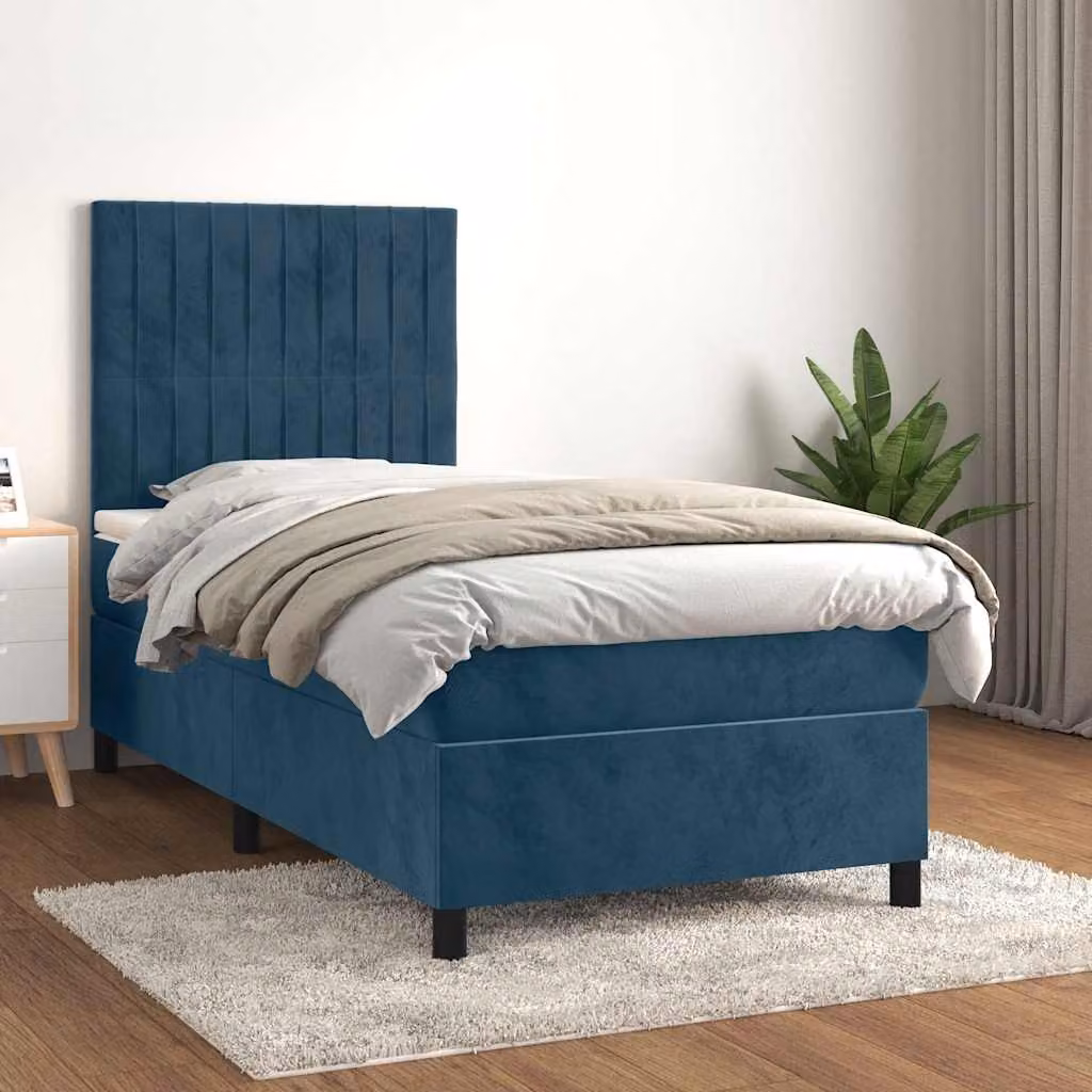 vidaXL Letto Ibrido con Giroletto a Molle e Materasso in Velluto Blu Scuro, L/P/H: 90 x 200 x 128 cm