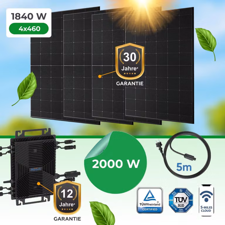 Impianto fotovoltaico da balcone da 1840 Watt (moduli vetro-vetro da 460 W, Full Black) con inverter WiFi da 2000 Watt – Set completo
