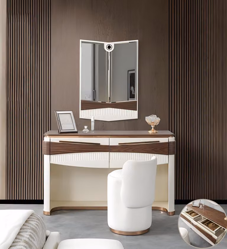 Weißer Schminktisch Designer Spiegel Luxuriöser Polsterhocker 3tlg