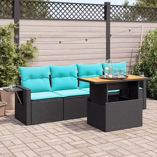 Set Divani da Giardino 5 pz con Cuscini in Polyrattan Nero 3327095
