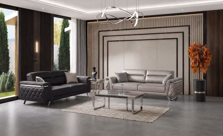 2x 3-Sitzer Sofa Set Beige Schwarz Modern Stoff Metall Wohnzimmermöbel