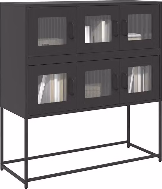 Credenza Buffet Armadio da Cucina Design Mania Nera in Metallo con Ante in Vetro L: 100,5 cm, P: 39 cm, H: 107 cm
