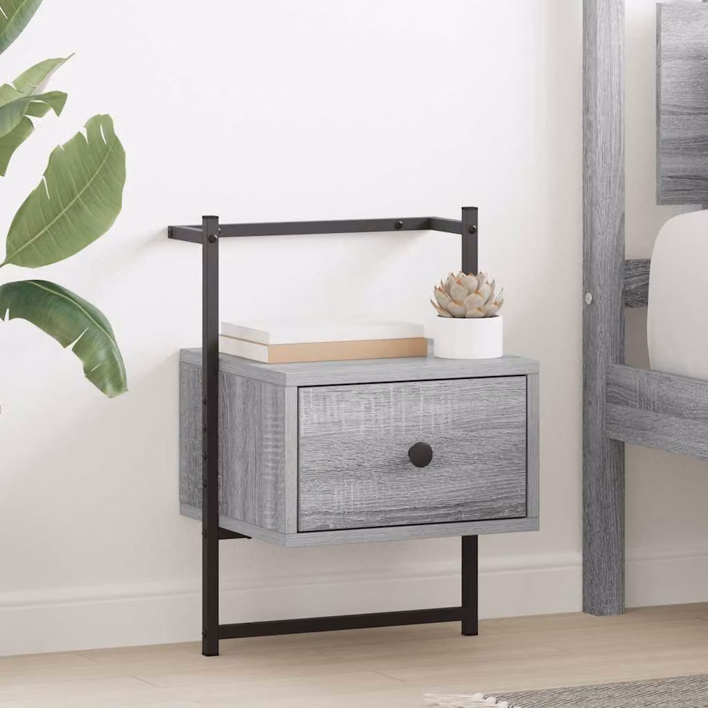 Comodino a muro vidaXL in legno e metallo, colore grigio, L 35 cm x P 30 cm x H 51 cm