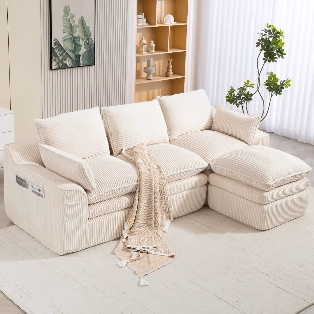 Divano Modulare REDOM a 3 posti con Pouf e Cuscini, Design Moderno a L, Rivestimento in Velluto a Costine Beige, L/P/H: 263 x 167 x 85 cm – 2