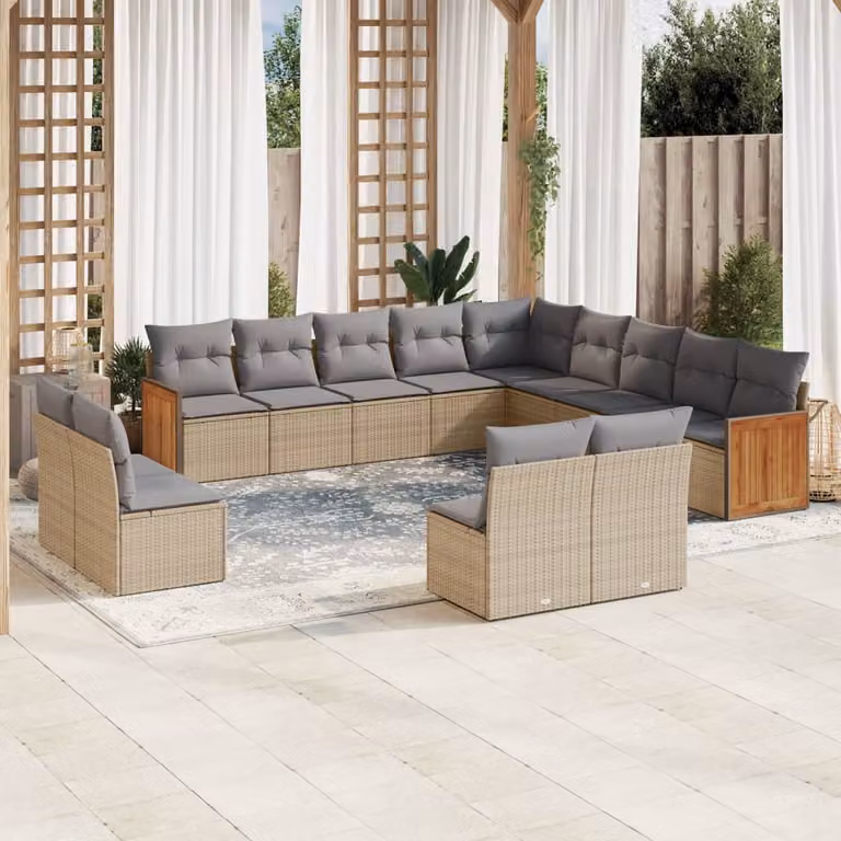vidaXL Set Divano da Giardino a L in Polyrattan e Legno di Acacia con Cuscini Beige e Grigio