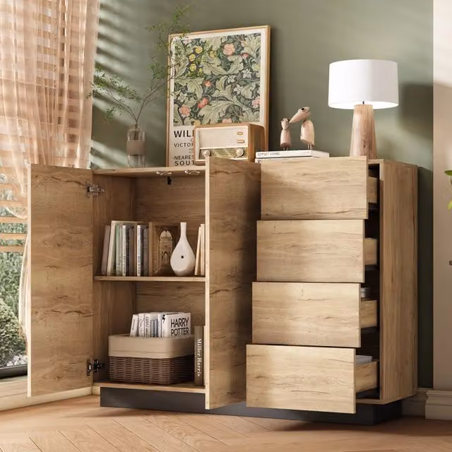 Com¨°, dispensa, credenza - Zephmum - 4 cassetti, 2 ante, nero e tonalit¨¤ naturali, 120x35.5x90.5 cm