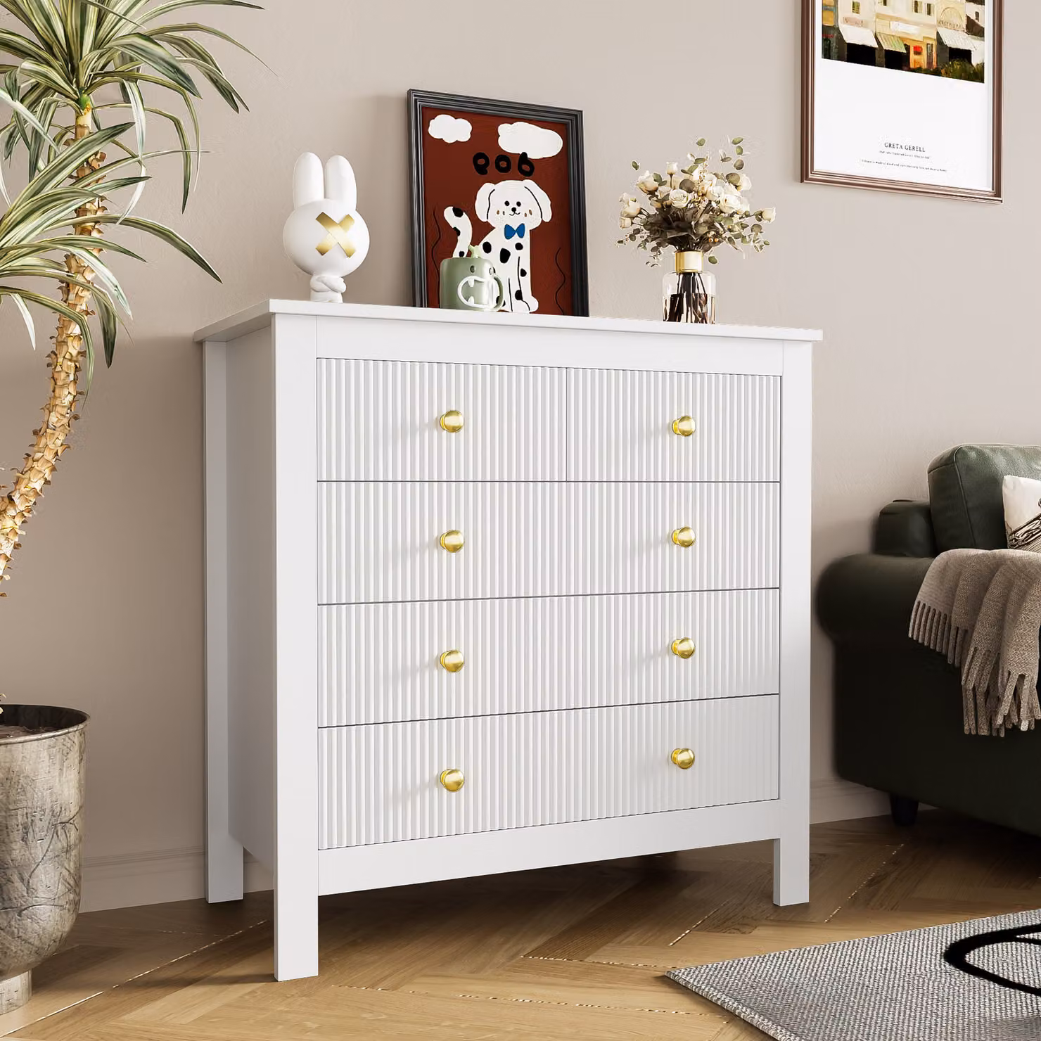 Cassettiera Merax a 5 cassetti, credenza con maniglie in metallo dorato, cassettiera mobile soggiorno scarpiera 79x80,5x39,5cm, bianco
