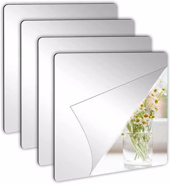 Specchi in acrilico - Adesivi specchio per finestre - Confezione da 4 pezzi - 30x30 cm - Piastrelle specchio in acrilico flessibile - Autoadesive - Specchi da parete - Ideali per bagno, soggiorno, camera da letto, pareti e armadi