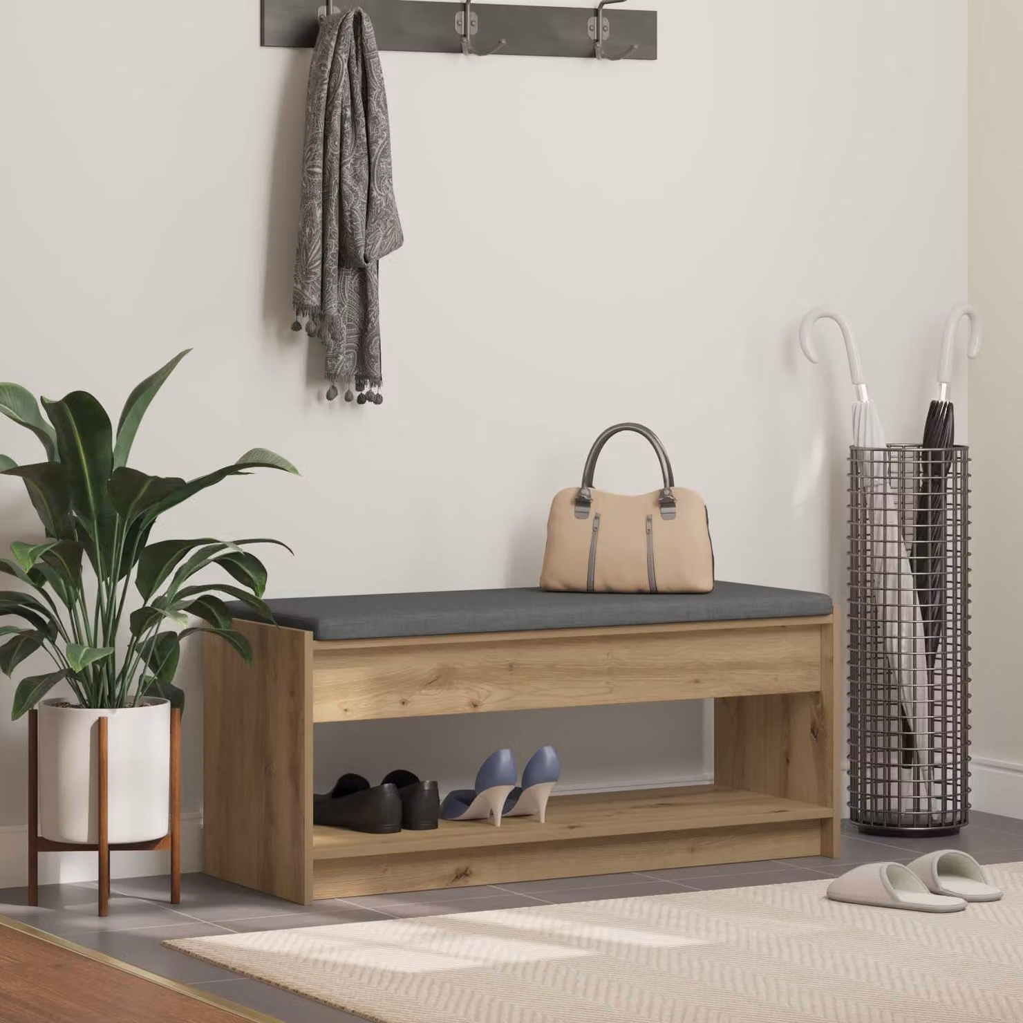 Panca porta scarpe moderna vidaXL in legno rovere con cuscino in tessuto grigio L: 110 cm, P: 38 cm, H: 45 cm