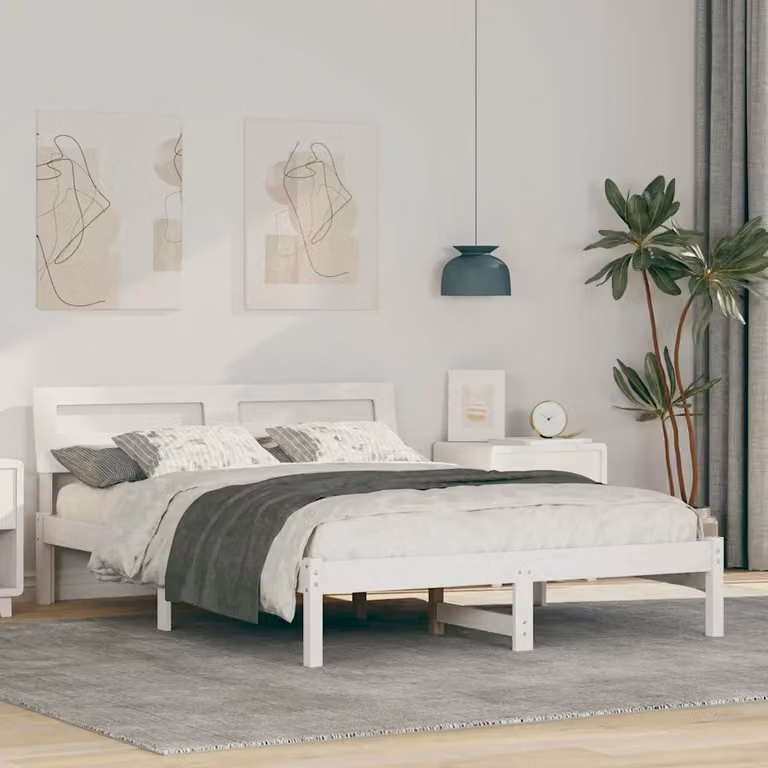 Struttura letto moderna vidaXL in pino massello bianco con porta USB, L/P: 140 x 190 cm