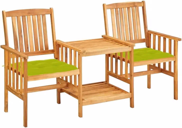 Set da bistrot rustico in legno di acacia massello, con finitura a olio, composto da tavolo e sedie con cuscini, ideale per giardino o terrazza