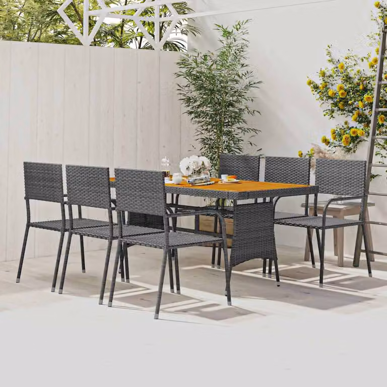 Set da pranzo per esterni vidaXL in 7 pezzi in polyrattan grigio con tavolo in legno di acacia