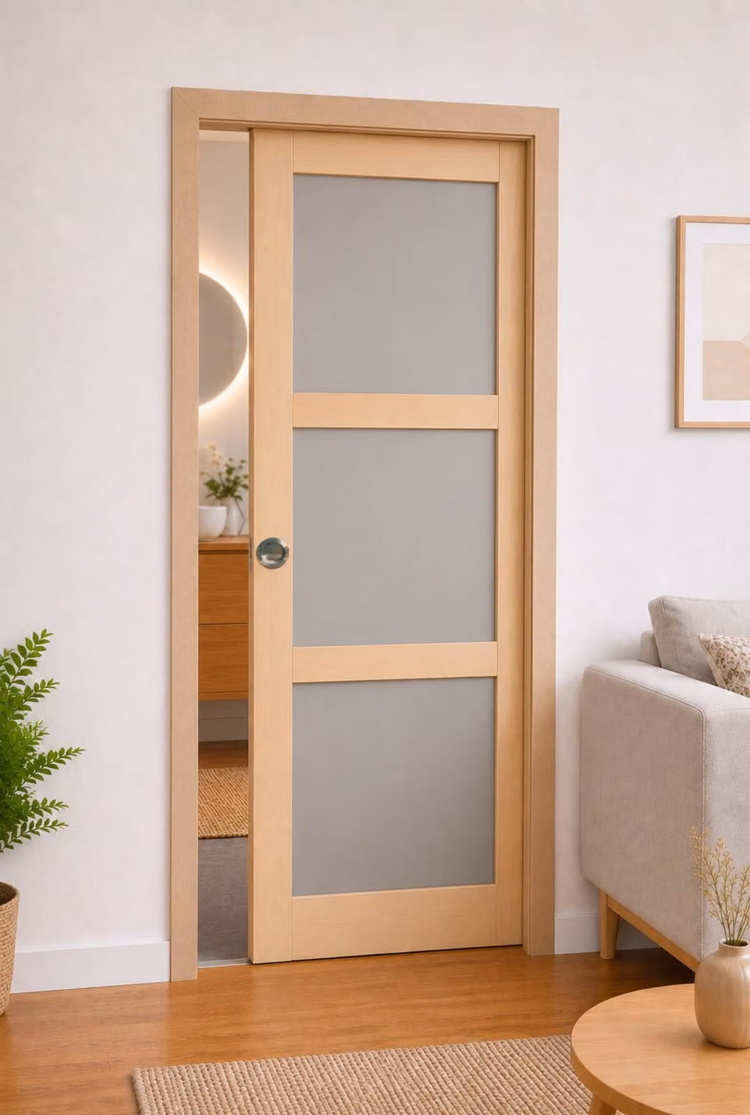 Porta scorrevole Ayous a 3 ante grigio chiaro H204 x L83 cm, incasso, kit finitura Gd Menuserie
