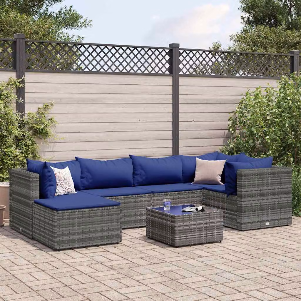 vidaXL Set Divani da Giardino 7 pz a Forma a L con Cuscini e Tavolino in Polyrattan Grigio e Blu – 1