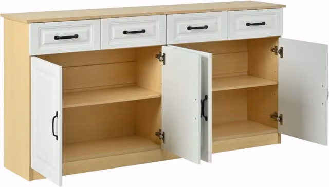 Credenza multifunzione con 4 cassetti e 4 ante in MDF bianco e legno naturale, larghezza 160 cm