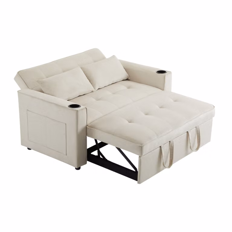 Divano letto multifunzionale 3-in-1 con portabicchieri, divano reclinabile in velluto con tasche laterali e schienale regolabile (105°/140°/180°), color beige