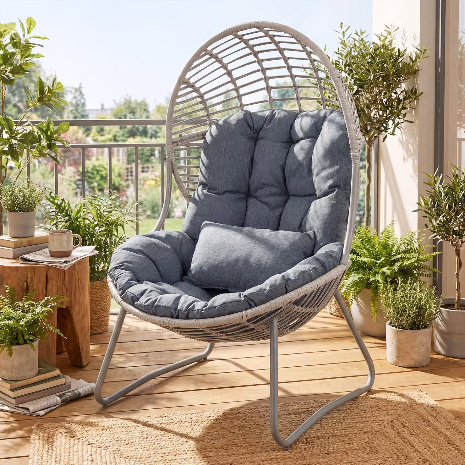 Poltrona da giardino a nido Costway in rattan e metallo con cuscino imbottito, Sedia relax moderna Grigio
