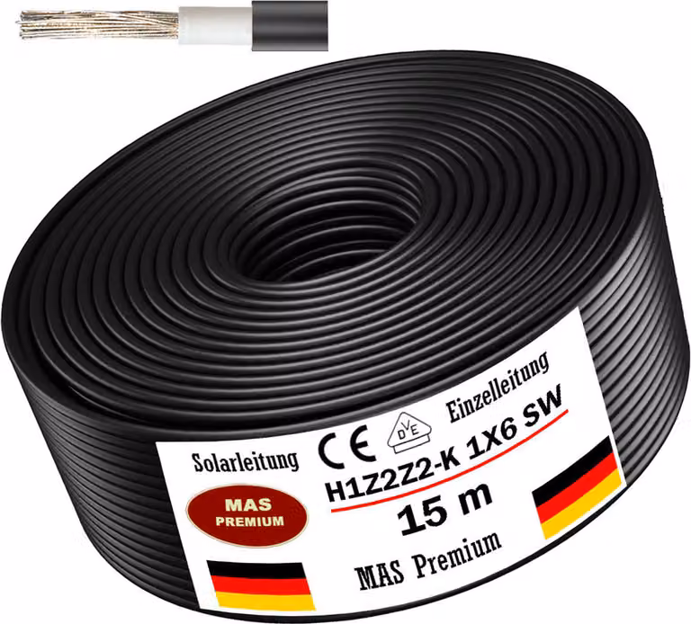 15m cavo solare cavo solare H1Z2Z2-K 6 mm² nero fotovoltaico senza alogeni
