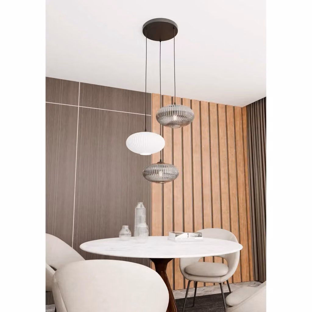 Lampadario a sospensione Luceart-Classic con 3 luci, base tonda in acciaio nero e paralumi plissé multicolor in tessuto – 2