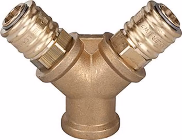 Collettore a 2 pieghe, in ottone con 2 raccordi NW7.2, filettatura femmina G1/2" RIEGLER