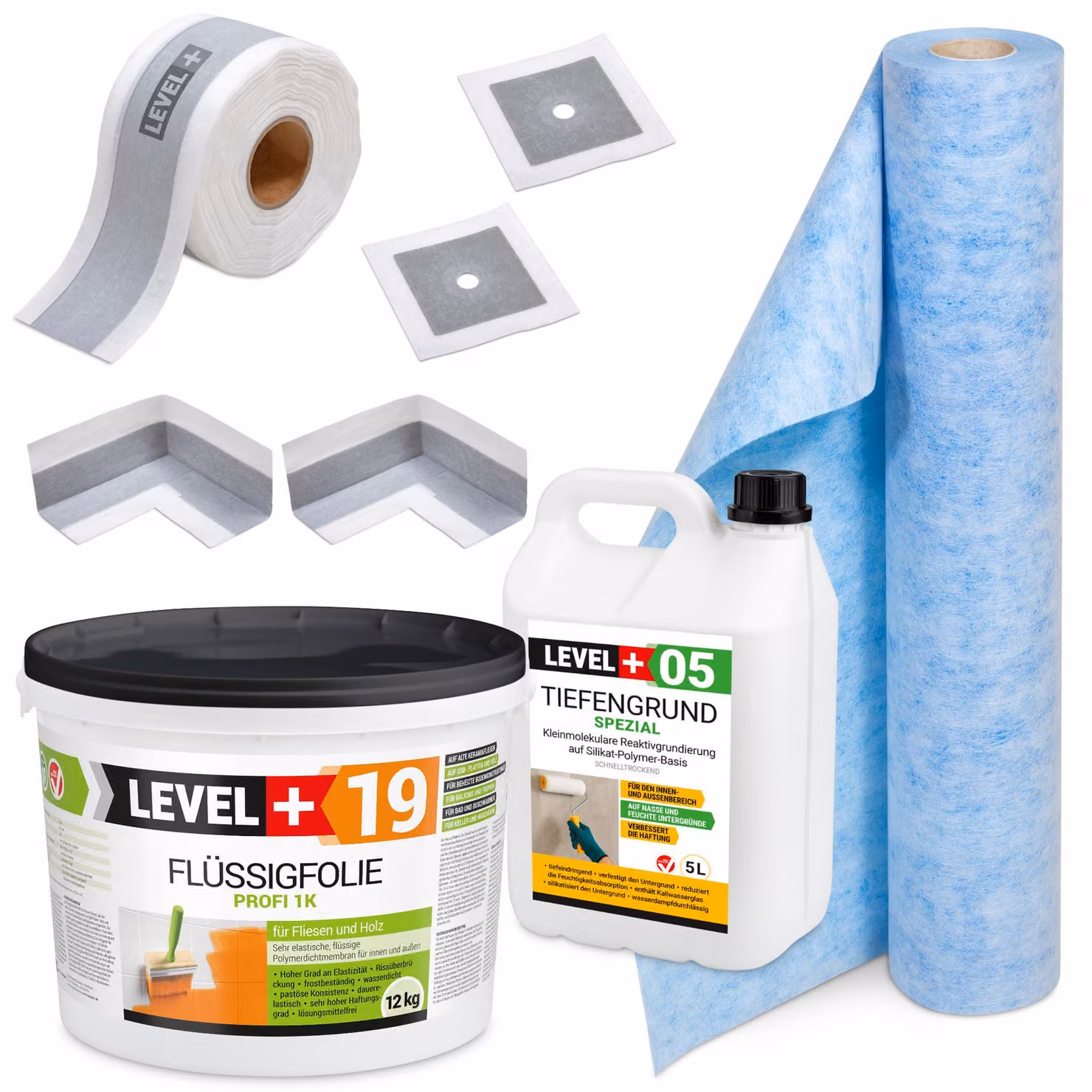 Kit per l'impermeabilizzazione: membrana liquida 12 kg, nastro 10 metri, primer 5 litri, guarnizioni per angoli, tappetino da bagno, modello LEVEL+ SET547