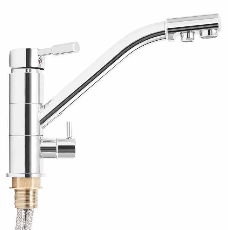 Miscelatore da cucina 3-in-1 - Ottone - Acqua fredda e calda - Due manopole - Bocchetta girevole a 360° - Valvola in Vetroceramica - Argento