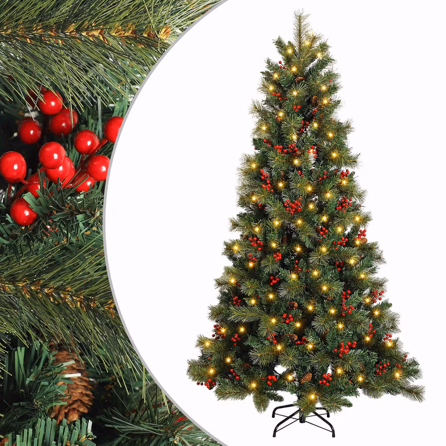 Albero di Natale Artificiale Moderno vidaXL Verde con 150 LED Luce Bianca Calda e Rami Pieghevoli in PVC e Metallo, Altezza: 150 cm
