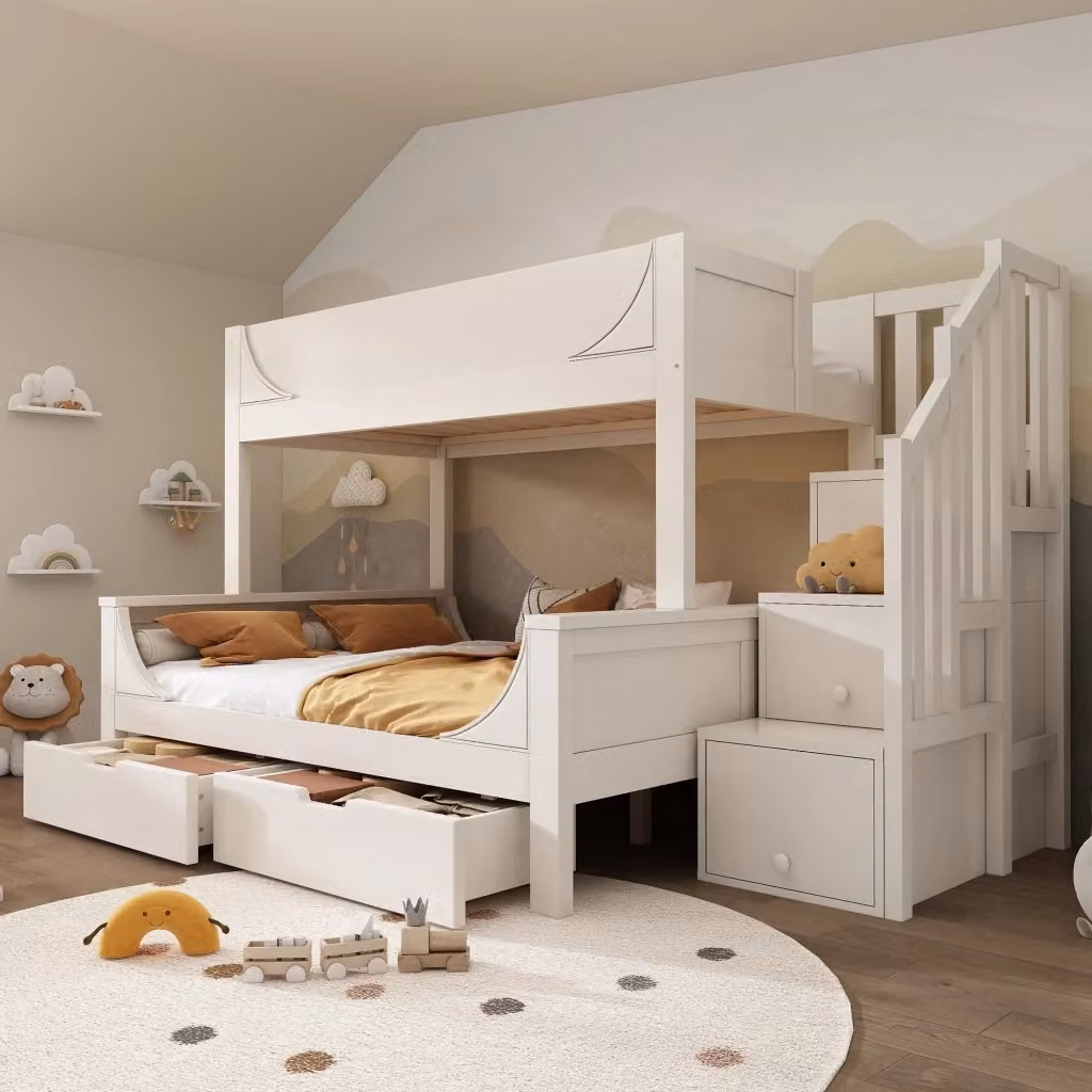 Letto a castello REDOM per bambini con armadio, scala e cassetti, colore bianco, H 253 x L 200 x P 150 cm (90x200/140x200 cm) – 2