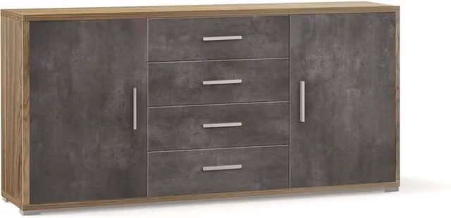 Credenza Mobile 2 ante con 4 cassetti 174x41x84H cm desing moderno in kit di montaggio colore Noce Stelvio e Ossido nero