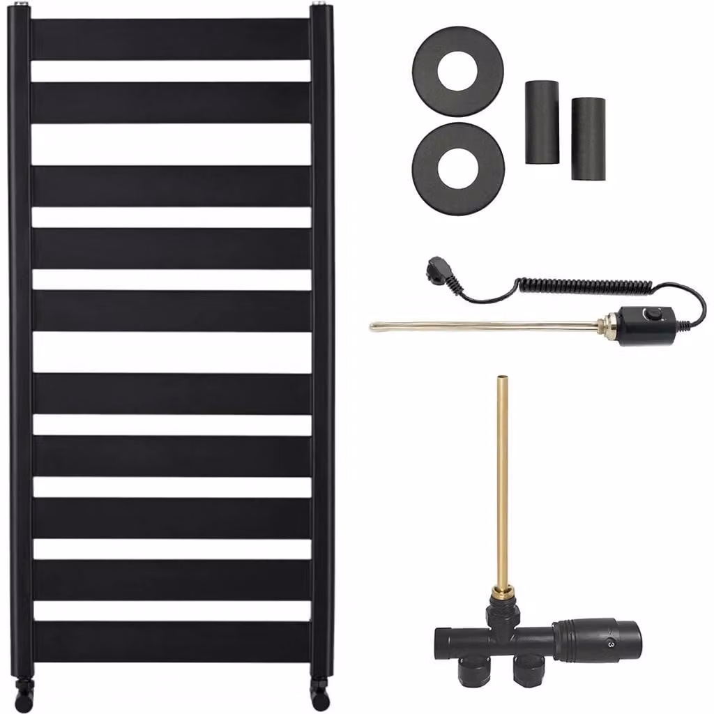 CERANO - Set radiatore da bagno Marco - riscaldamento combinato, barra termica - attacco laterale a punto singolo - 816 W - nero opaco - 1125 x 550 mm