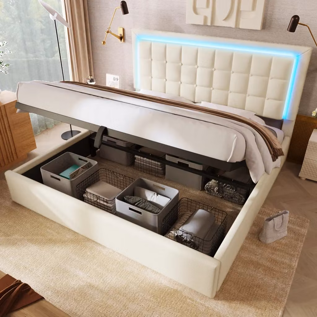 Letto matrimoniale WISHDOR con contenitore e illuminazione LED, rivestimento in ecopelle bianca, L/P/H: 213 x 140 x 105 cm – 2