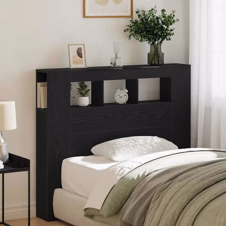Testiera con LED vidaXL in Rovere e Nero, con mensola integrata e porta di ricarica USB, L: 120 cm, H: 103,5 cm, P: 18,5 cm