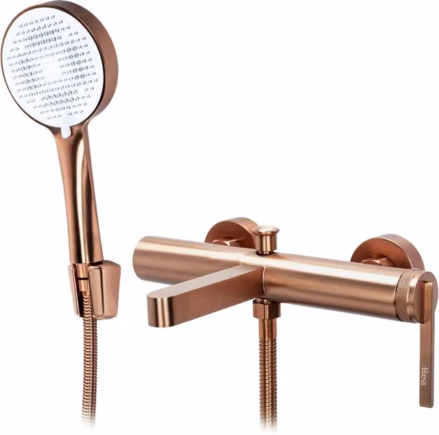 Rubinetto da vasca a parete Rea Grace con miscelatore monocomando e doccino in ottone color ottone spazzolato