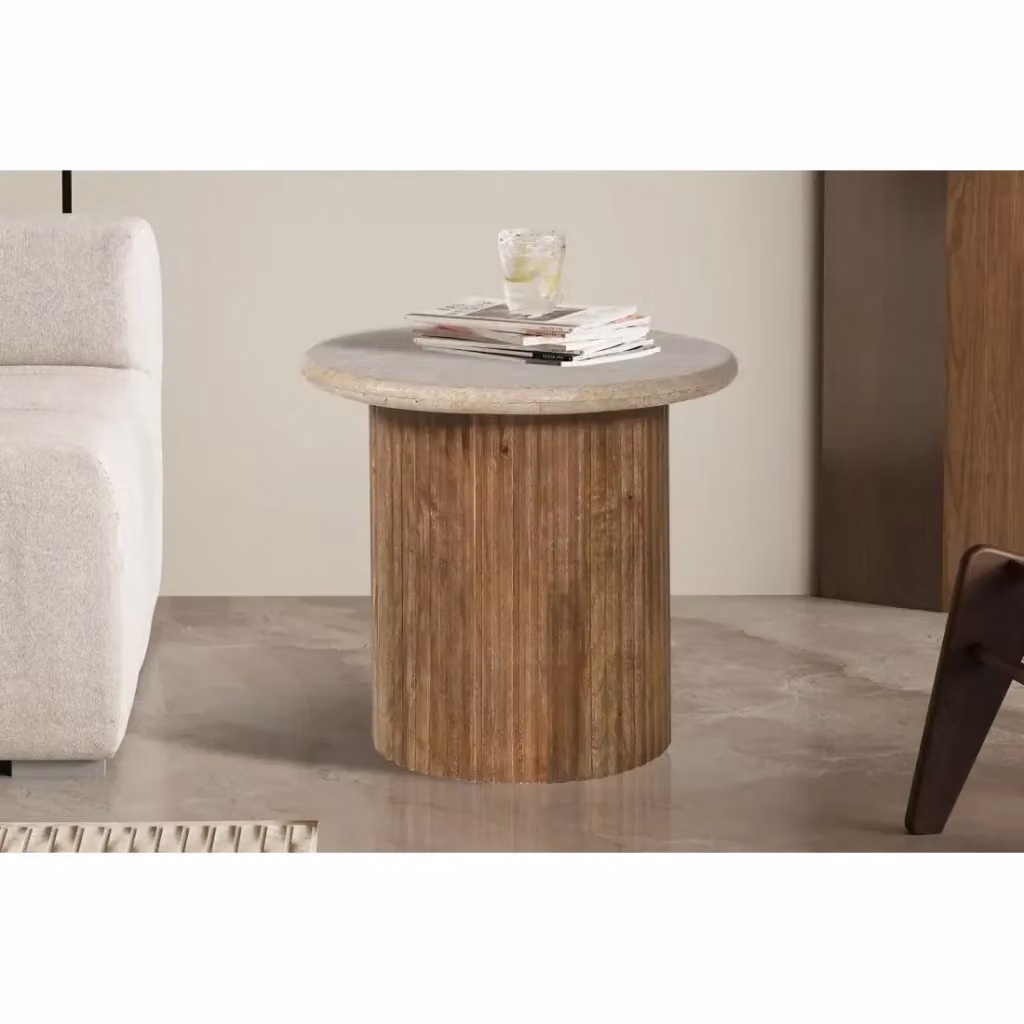 Tavolino rotondo MAELORA in legno di mango e travertino beige di Meublorama, Diametro: 50 cm – 2