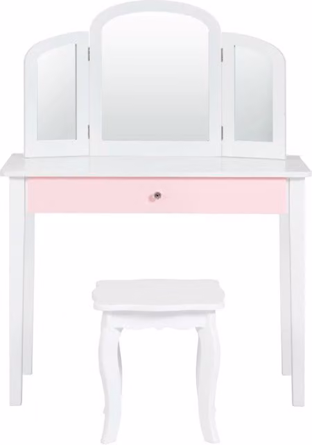 Set toeletta 2 in 1 per bambini con specchio tripartito e cassetto, scrivania moderna in MDF laccato bianco – 1