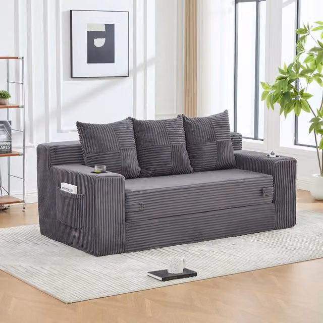 Divano modulare 172x87x64 cm trasformabile in due posti in velluto a coste grigio