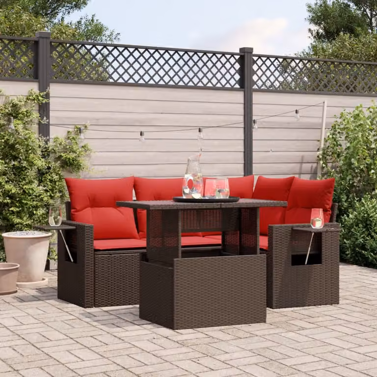 Set Divani da Giardino vidaXL 5 Pezzi a Forma di L con Tavolino in Vetro e Cuscini Marroni e Rossi in Polyrattan e Metallo
