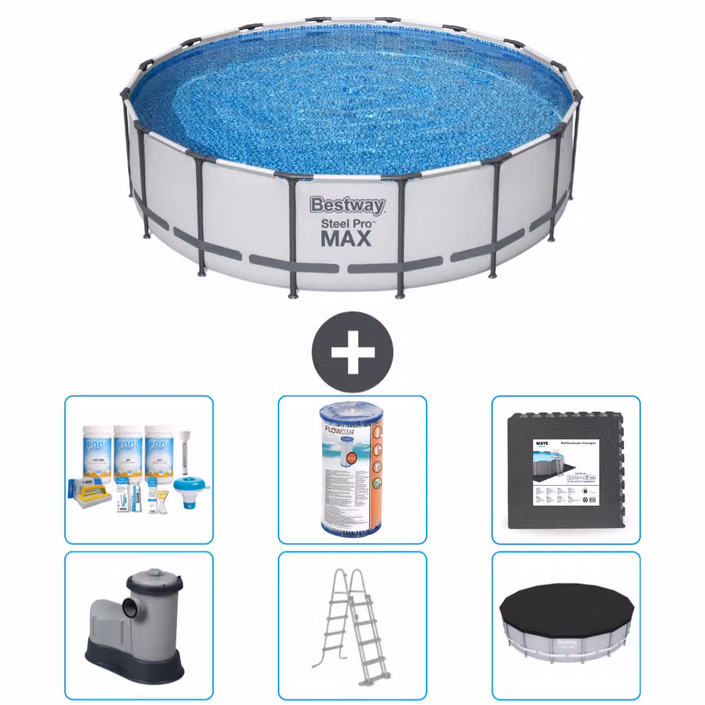 Piscina Bestway Round Steel Pro MAX - 488 x 122 cm - grigio - inclusa pompa - scala - pacchetto manutenzione copertura - filtro - piastrelle per il pavimento