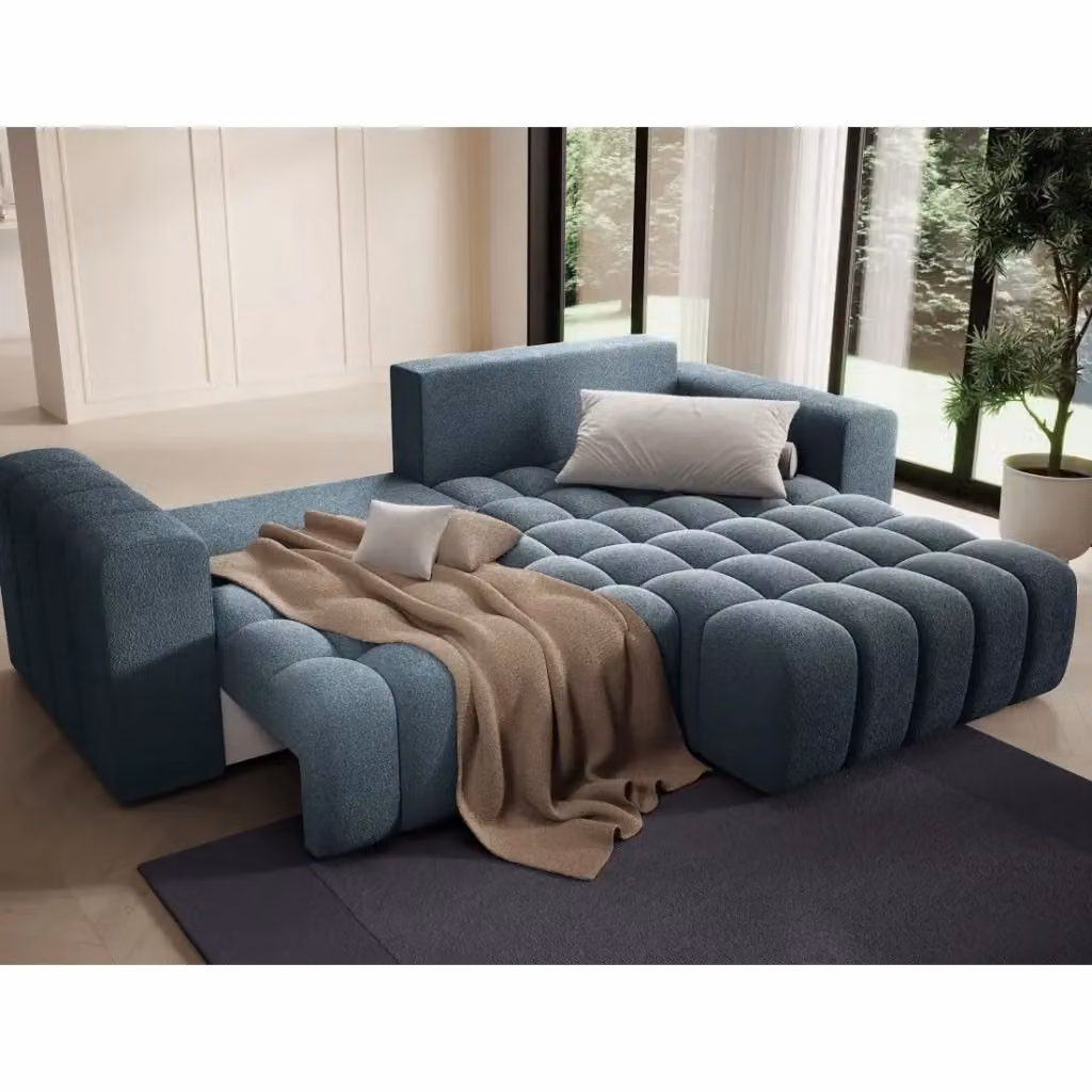 Divano angolare trasformabile DORY MEUBLORAMA blu con contenitore e funzione letto, angolo destro, L 250 cm x P 175 cm x H 92 cm – 2