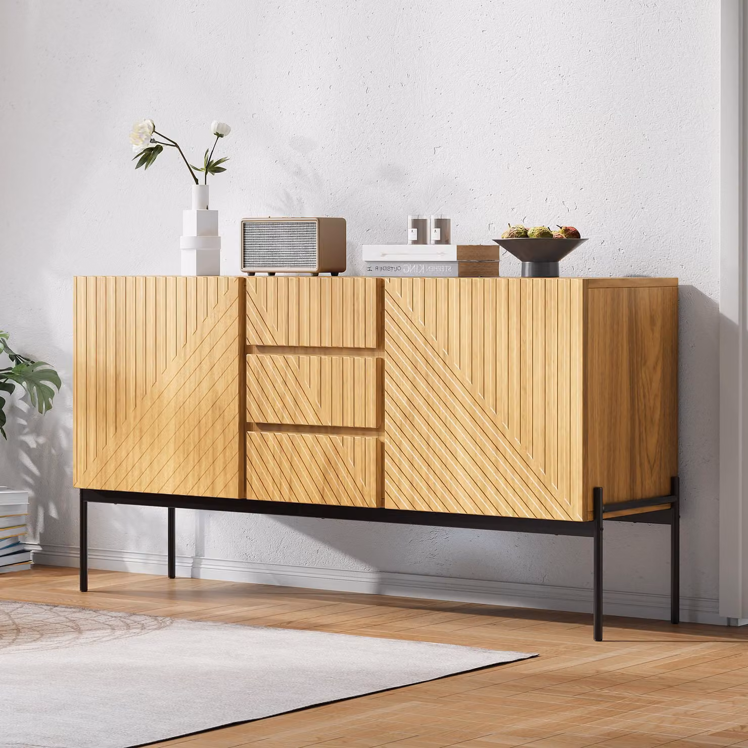 OKWISH Credenza a 2 porte e 3 cassetti - Mobile contenitore in legno con gambe in metallo - Design moderno per soggiorno o sala da pranzo, naturale