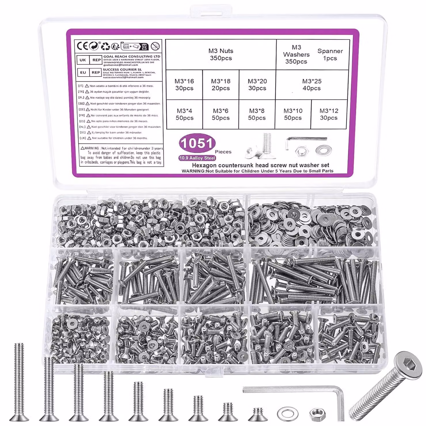 Set di viti M3, composto da 1051 pezzi, a testa bombata, con esagono interno, per fissaggi di vario tipo