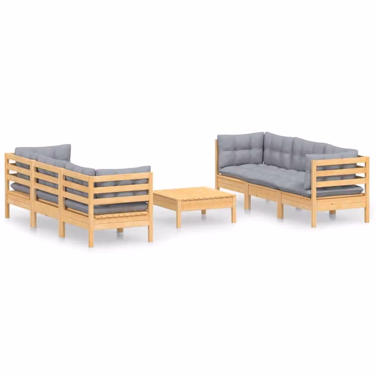 Set Divani da Giardino 7 pz con Cuscini Grigi Massello di Pino