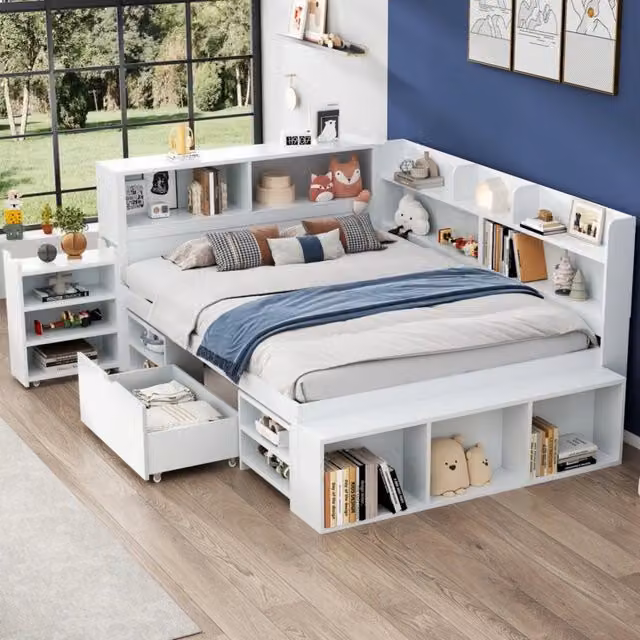Letto Singolo Bambini con Cassetti, Libreria e Contenitore ¨C MINIMAL ¨C Bianco 140x200