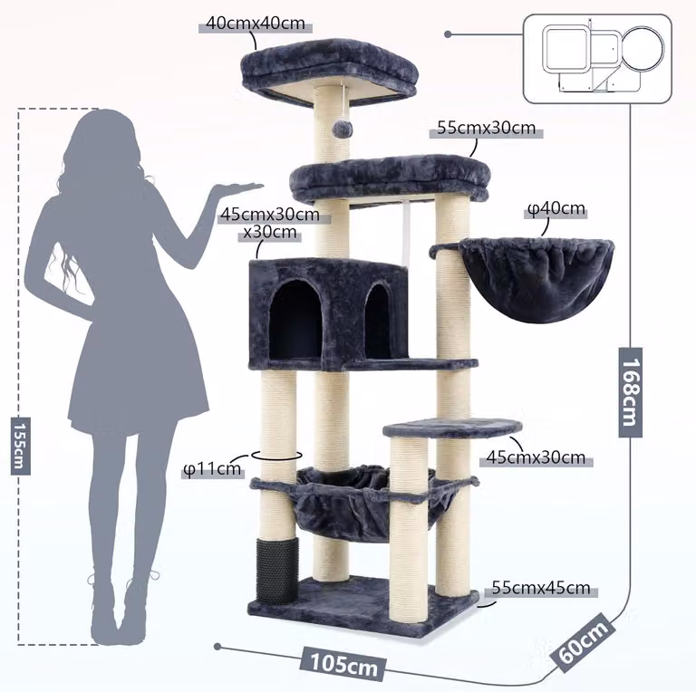 Albero per gatti - Tiragraffi - Scala per gatti - Mobile per gatti - Tiragraffi - Per gatti di taglia grande - Altezza 168 cm