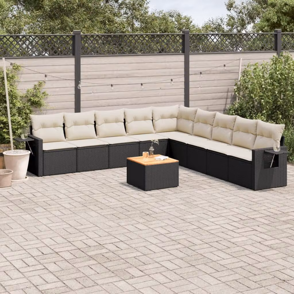 vidaXL Set Divani da Giardino a L in Polyrattan Nero con Cuscini e Tavolino da Esterno – 1