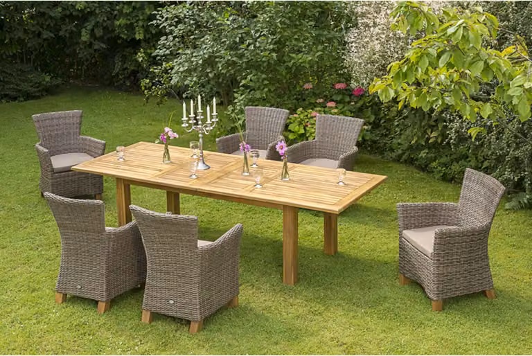 Set Merxx Toscana 13 pezzi, colore naturale - 6 poltrone con cuscini inclusi, 1 tavolo allungabile a due piani - Colore: beige - Dimensioni: Poltrone: 65 x 66 x 89 cm; Tavolo: 180(220/260) x 100 x 75 cm; 6x 28400-211 + 1x 23915-011