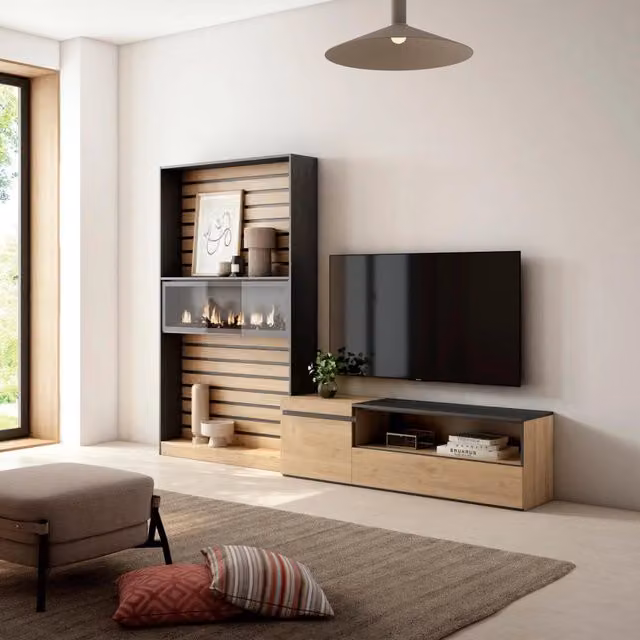 Mobile TV da soggiorno Skraut Home con camino elettrico e illuminazione integrata, Rovere e Nero, L: 260 cm, P: 35 cm, H: 186 cm